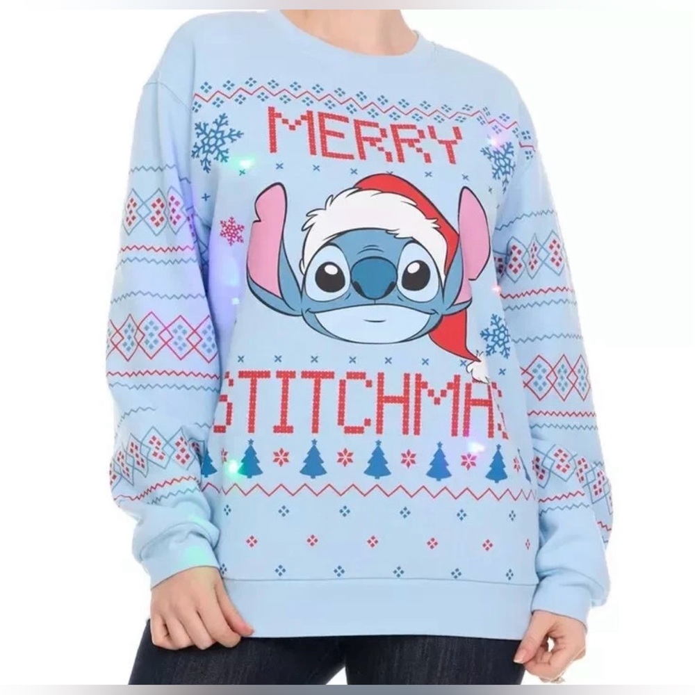 Disney Stitch Merry Stitchmas Christmas Light Up Adult Sweatshirt Unisex Size L